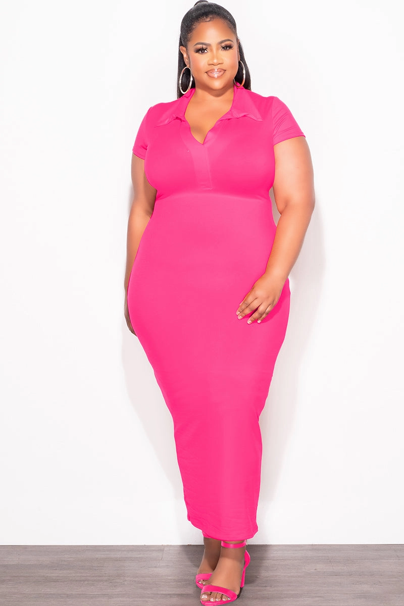 Non Slip Waistband Final Sale Plus Size Collar V Neck Midi Dress in Pink