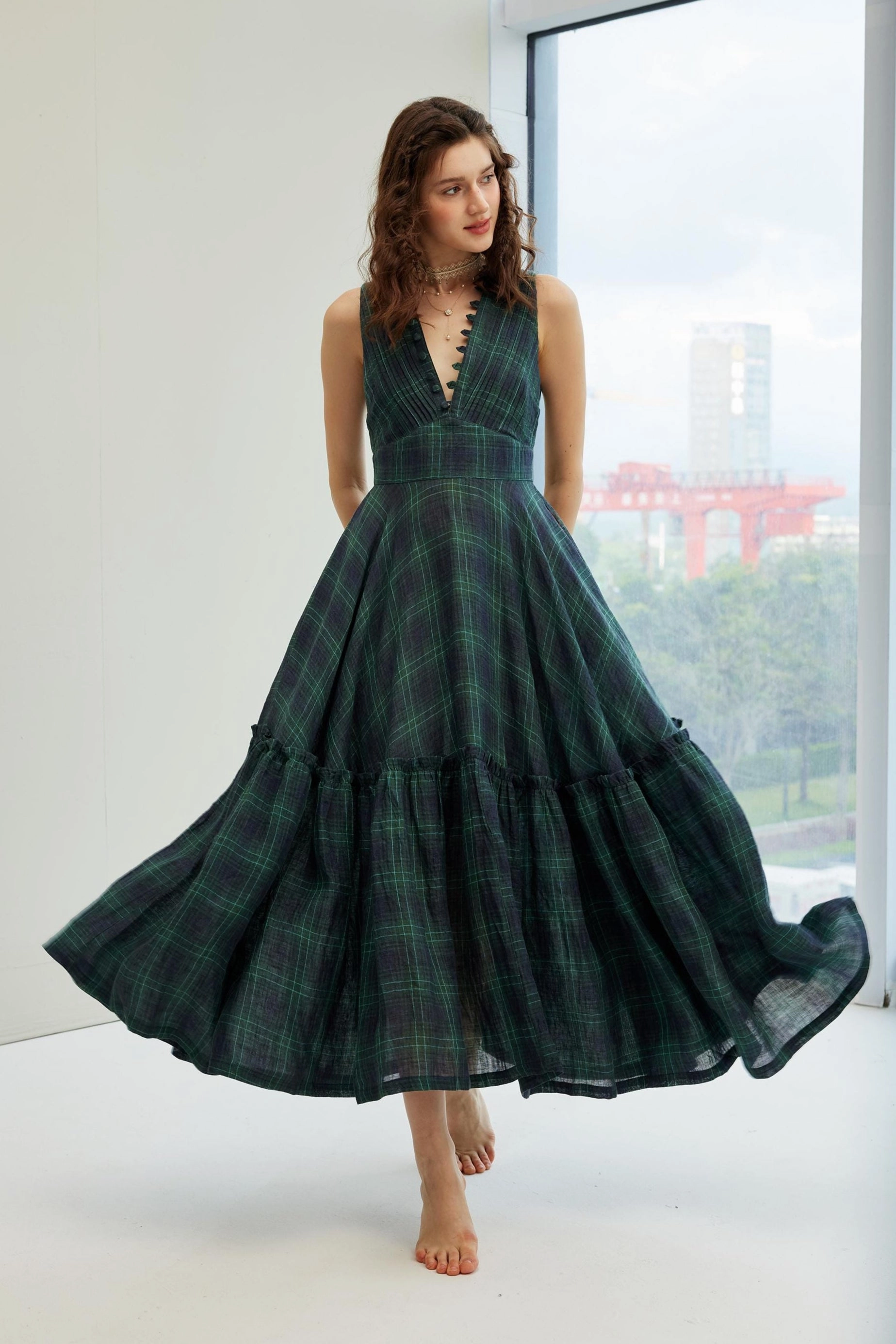 Moon River 24 | V-neck pintucked linen dress gown Outdoor Adventure