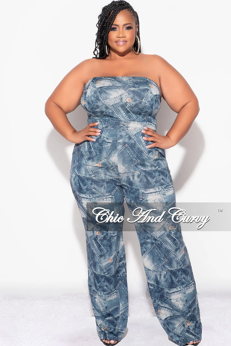 Final Sale Plus Size Zip Tie Jumpsuit in Faux Denim Print Casual Flex Versatile Fashion