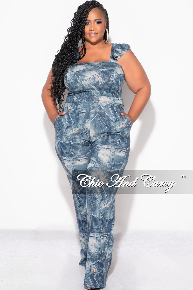 Final Sale Plus Size Zip Tie Jumpsuit in Faux Denim Print Perfect Look Stretchy Waist