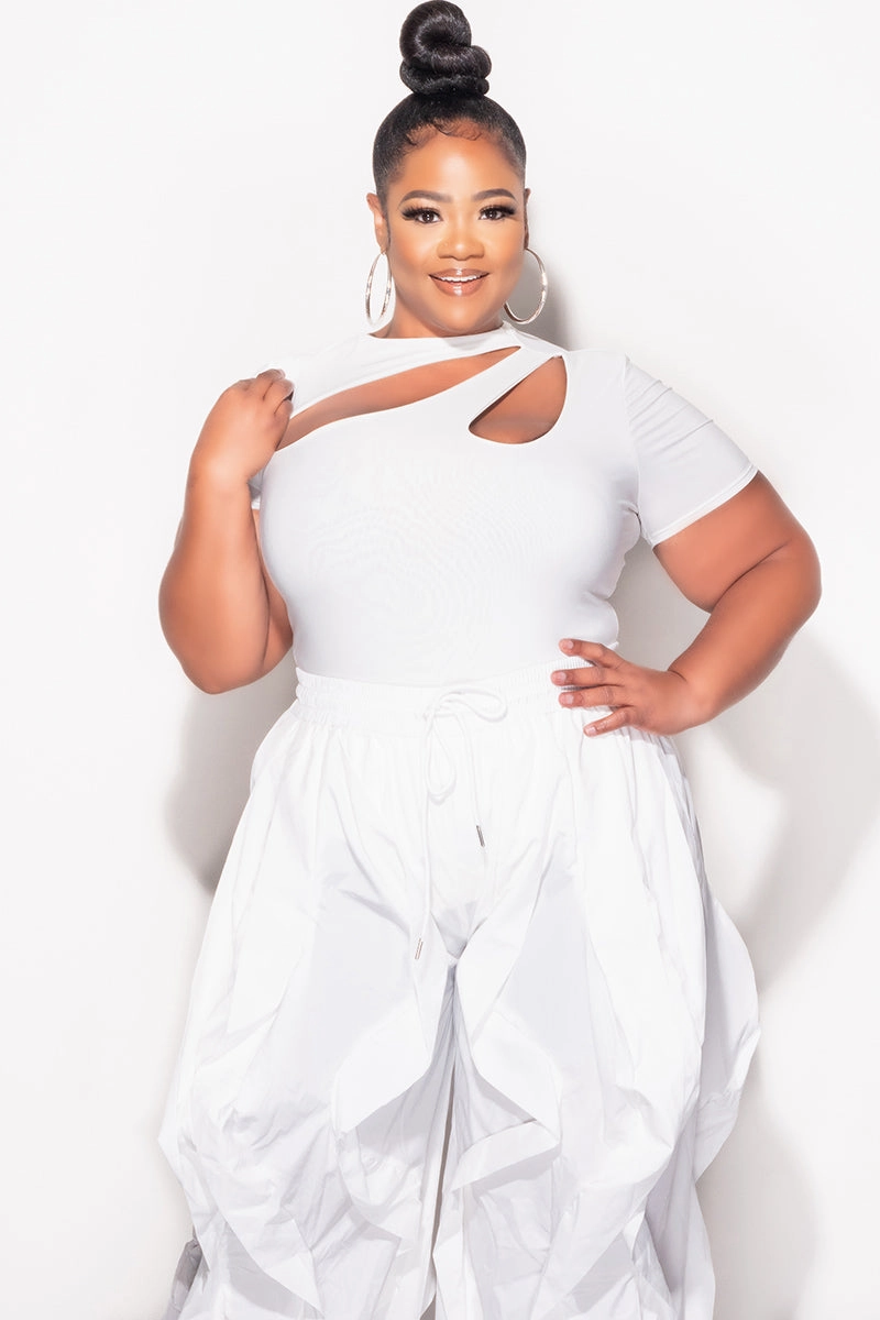 Final Sale Plus Size Short Sleeve Cutout Thong Bodysuit in White Layered Look Bold Design