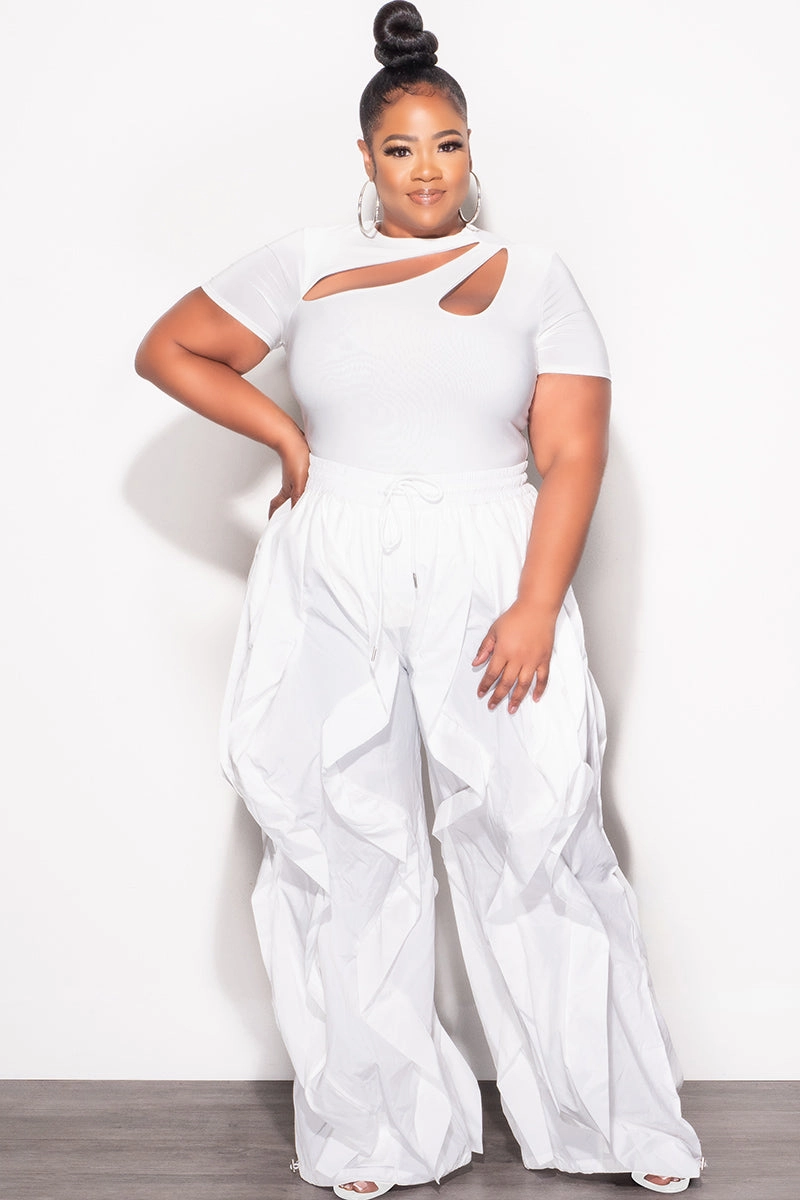 Final Sale Plus Size Short Sleeve Cutout Thong Bodysuit in White clean design ripstop fabric