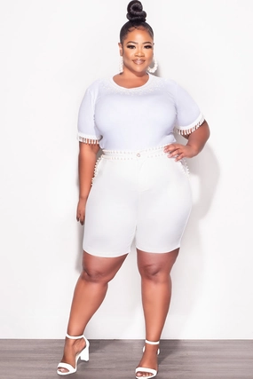 Cozy Fit Final Sale Plus Size 2pc Set Pearl Studded Top & Shorts in Ivory