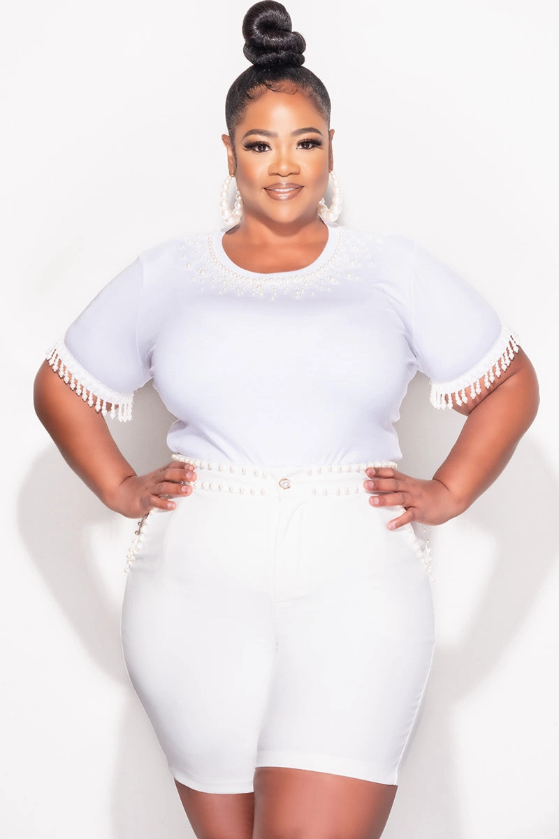 Workout-ready Final Sale Plus Size 2pc Set Pearl Studded Top & Shorts in Ivory