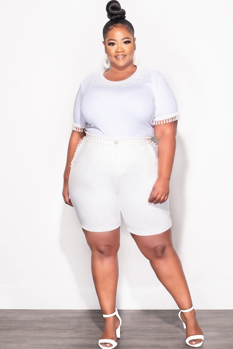 Yoga Ready Final Sale Plus Size 2pc Set Pearl Studded Top & Shorts in Ivory