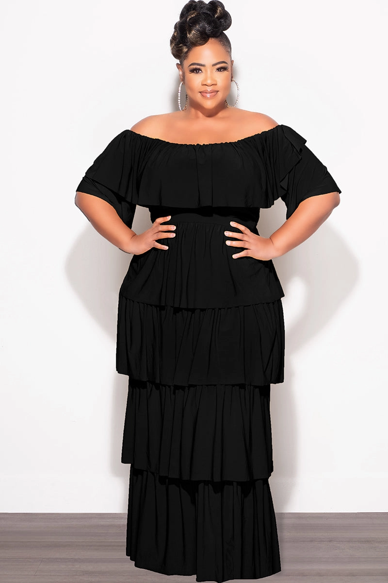 Final Sale Plus Size 2pc Ruffle Tiered Off the Shoulder Crop Top Maxi Skirt Set in Black SoftTouchFinish