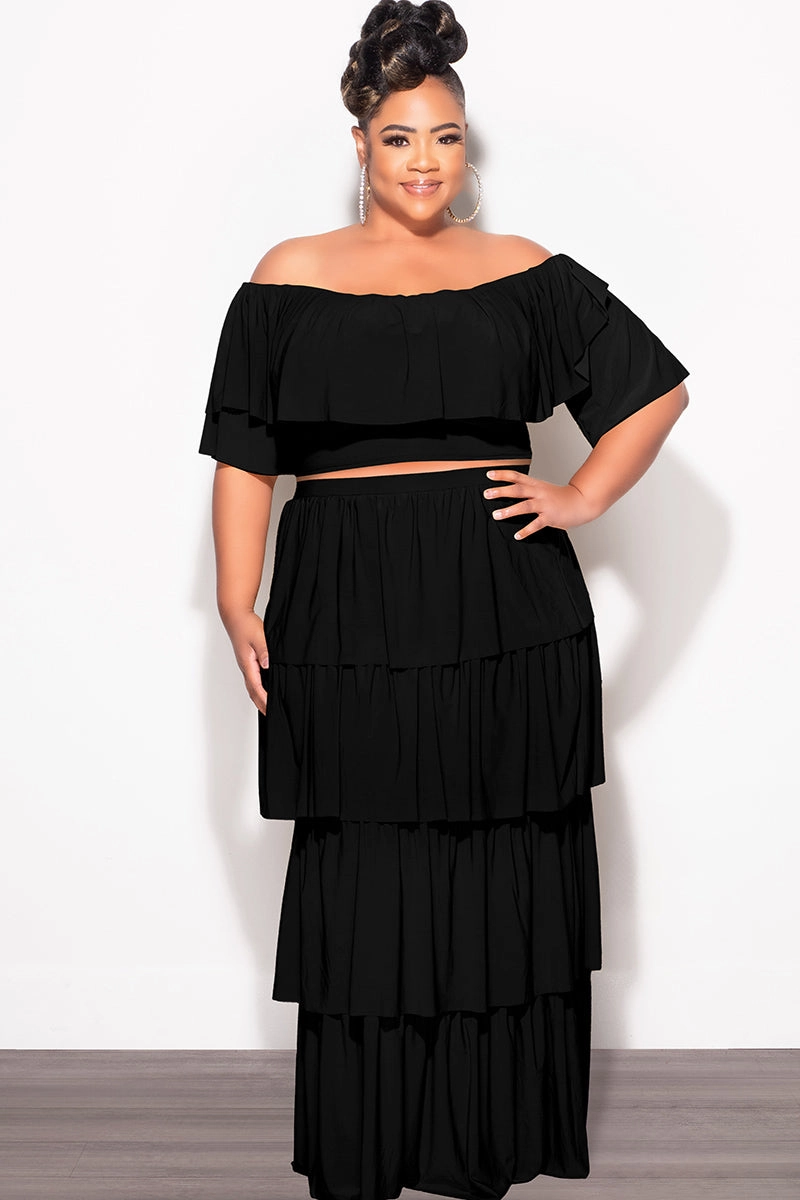 Breathable Comfort Fit Final Sale Plus Size 2pc Ruffle Tiered Off the Shoulder Crop Top Maxi Skirt Set in Black
