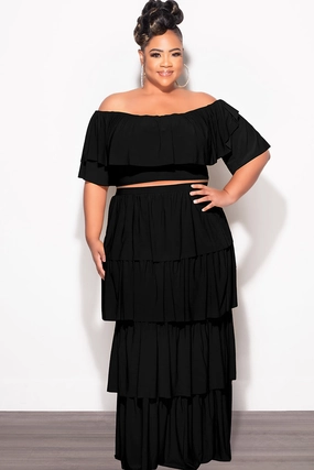 Breathable Comfort Fit Final Sale Plus Size 2pc Ruffle Tiered Off the Shoulder Crop Top Maxi Skirt Set in Black