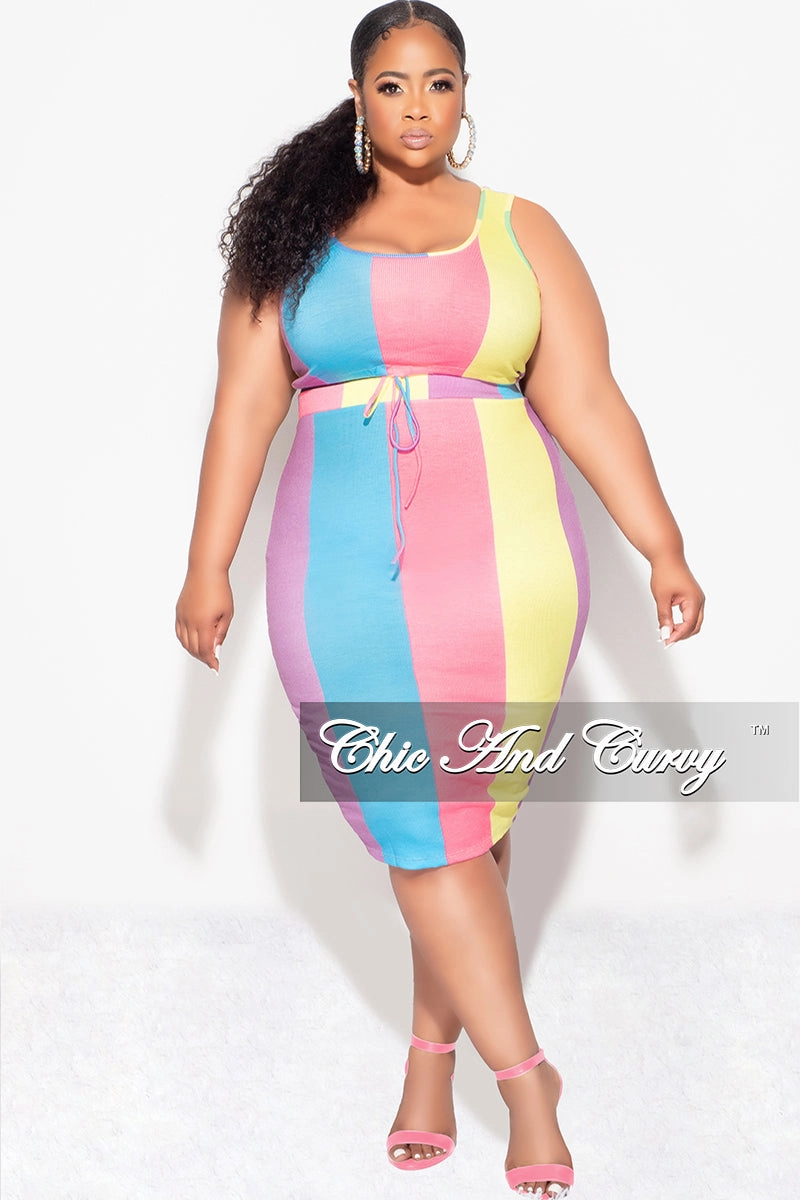 Essential Look Final Sale Plus Size Ribbed 2pc Crop Drawstring Top and Pencil Skirt Set in Pink & Blue MultiColor Stripe Print