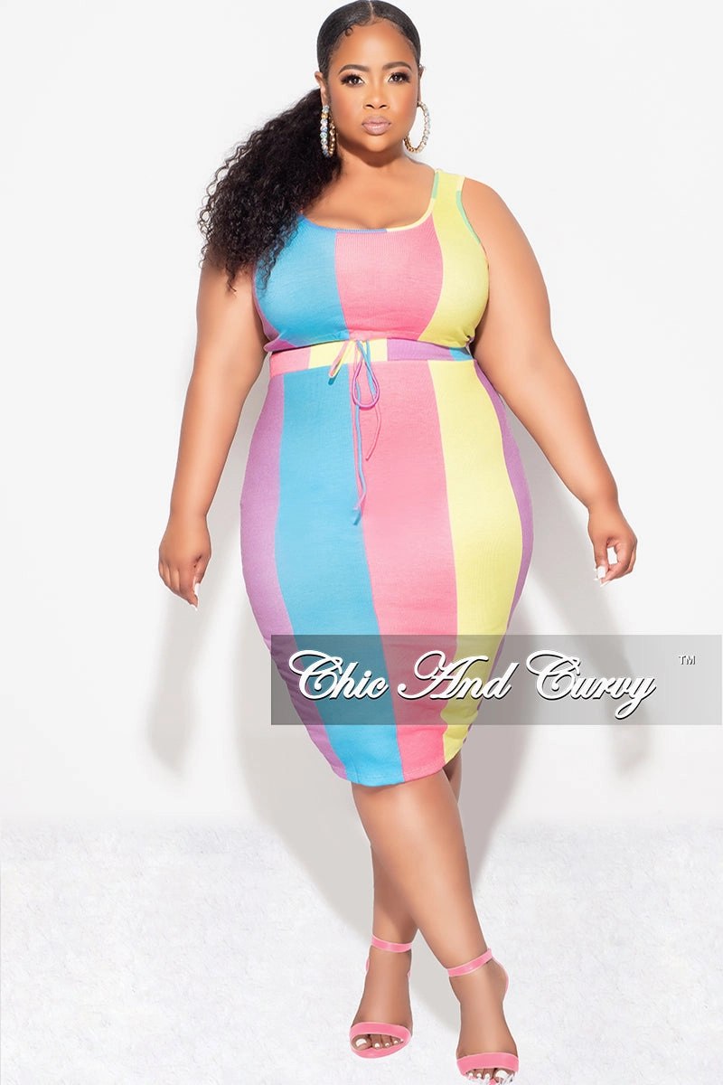 Final Sale Plus Size Ribbed 2pc Crop Drawstring Top and Pencil Skirt Set in Pink & Blue MultiColor Stripe Print Perfect Pair Professional Wear