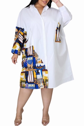 Final Sale Plus Size Shirt Dress with Blue & Yellow Kitty Print Lightweight Weave Performance Layer