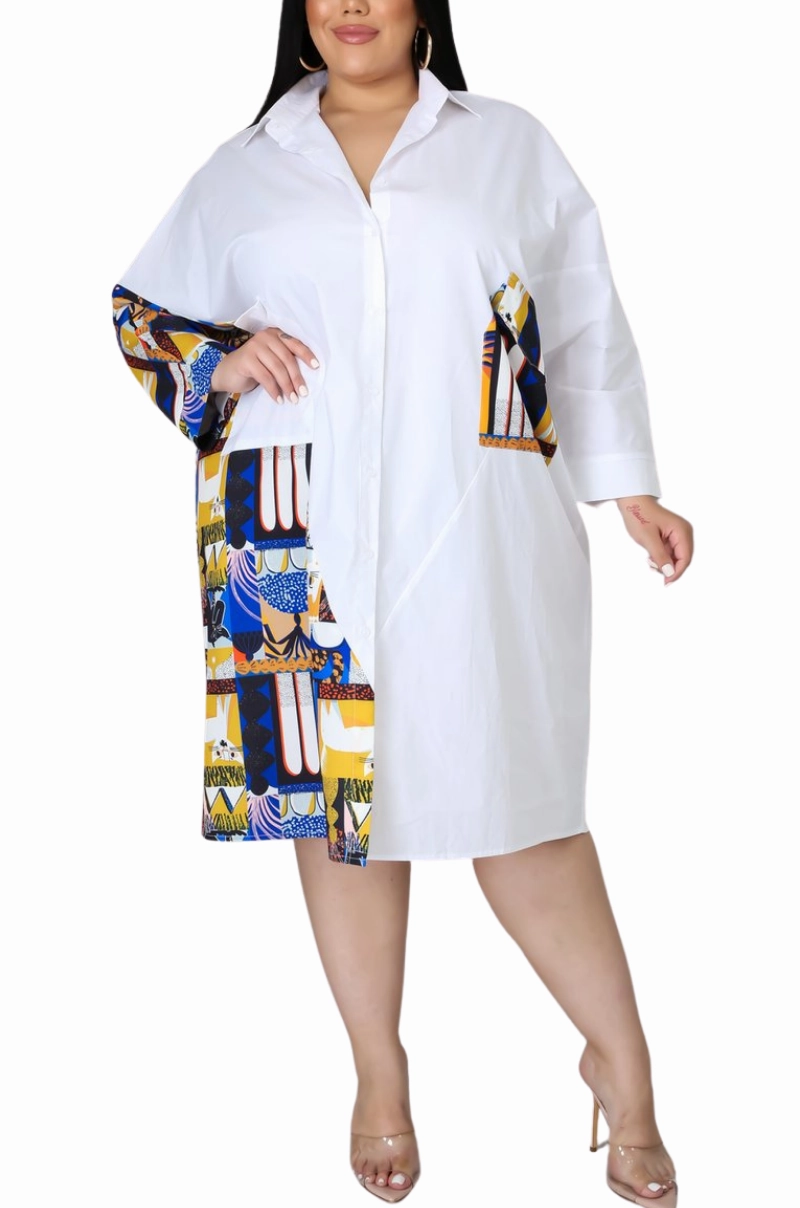 Final Sale Plus Size Shirt Dress with Blue & Yellow Kitty Print SeamlessConstruction