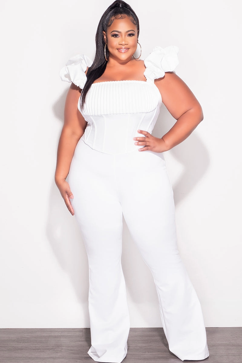 Final Sale Plus Size Off the Shoulder Ruffle Sleeve Pleated Corset Jumpsuit in White Workwear
