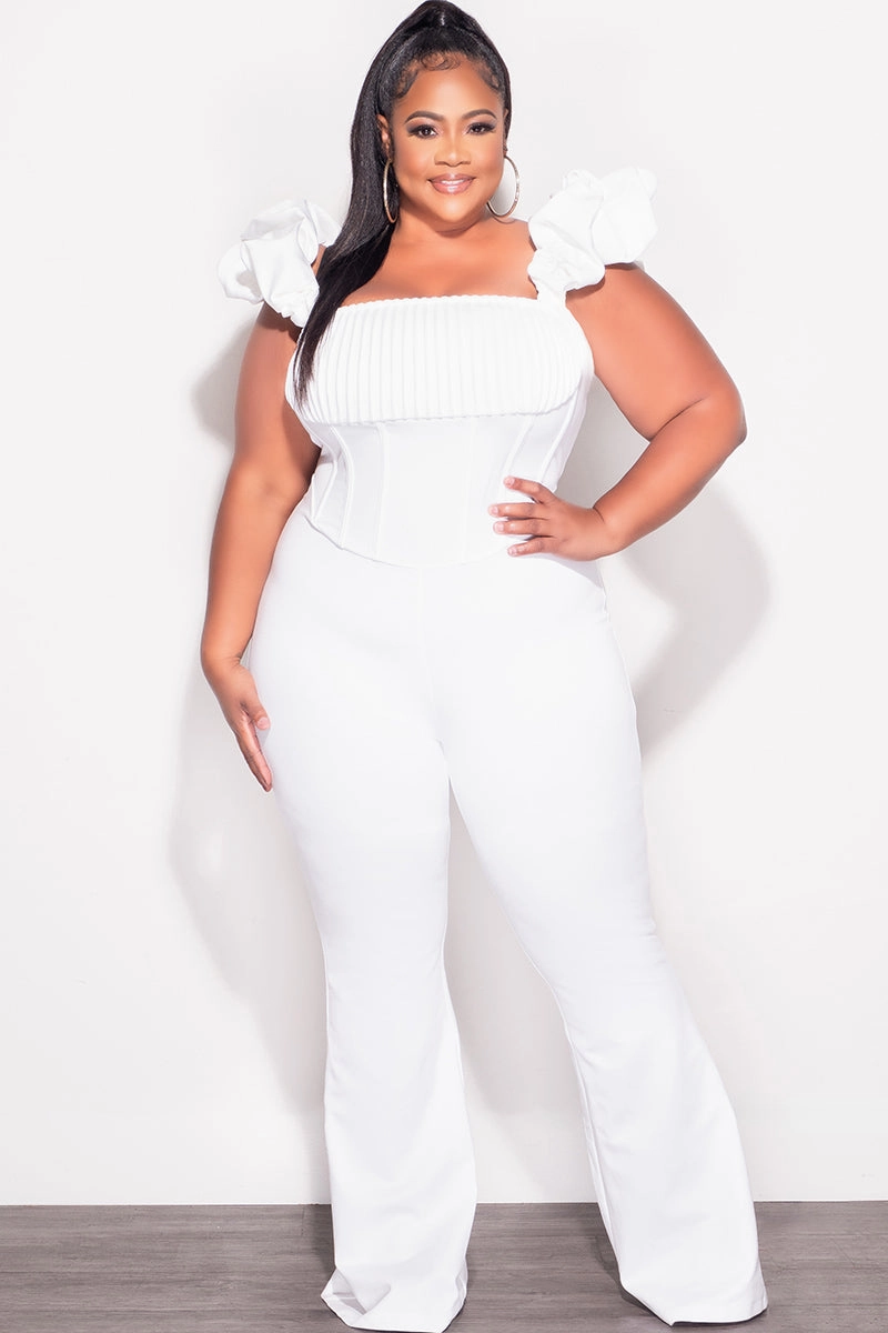 Sweat Wicking Lining Final Sale Plus Size Off the Shoulder Ruffle Sleeve Pleated Corset Jumpsuit in White