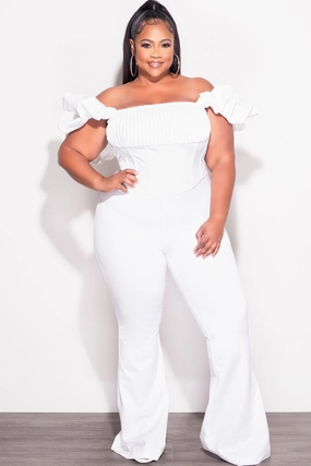 Final Sale Plus Size Off the Shoulder Ruffle Sleeve Pleated Corset Jumpsuit in White Minimal Design Functional Layer