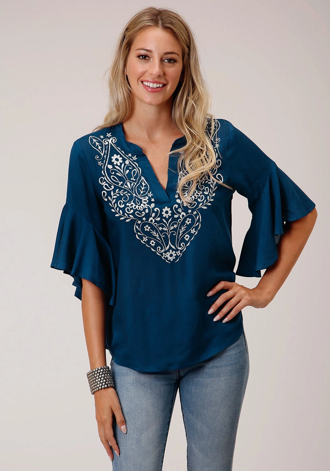 V-Neck Roper Womens Blue Rayon/Nylon Paisley Floral S/S Blouse