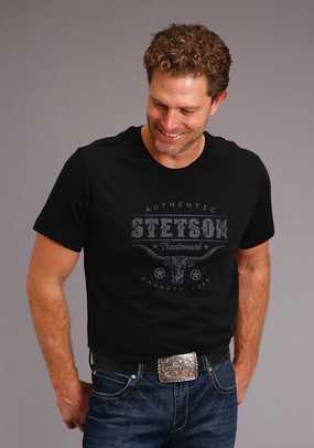 Stetson Mens Black 100% Cotton Steer Head S/S Trademark T-Shirt Snag Resistant Fabric