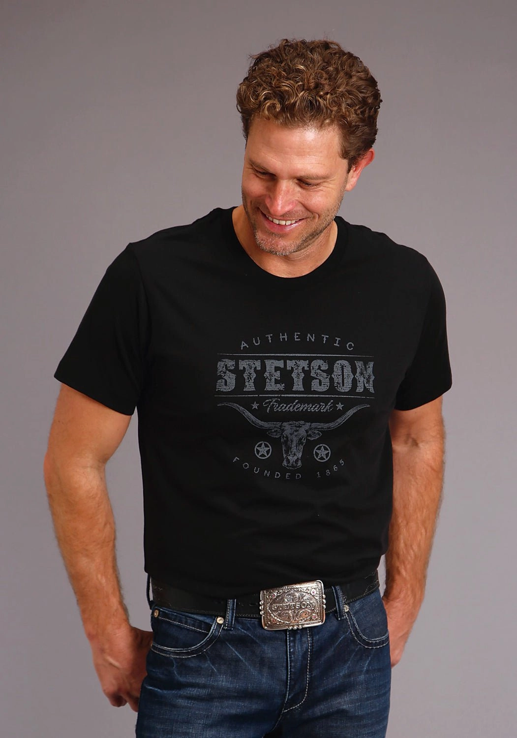 Stetson Mens Black 100% Cotton Steer Head S/S Trademark T-Shirt Snag Resistant Fabric