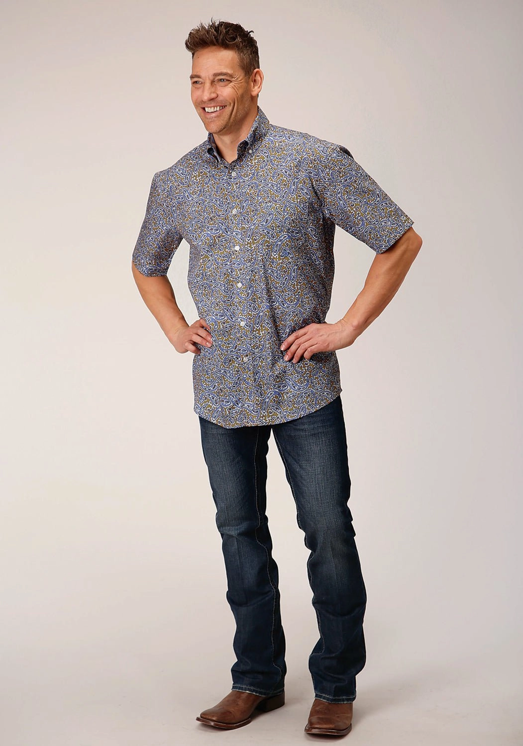 Brunch Outfit Roper Mens Valley Paisley Brown 100% Cotton S/S Shirt