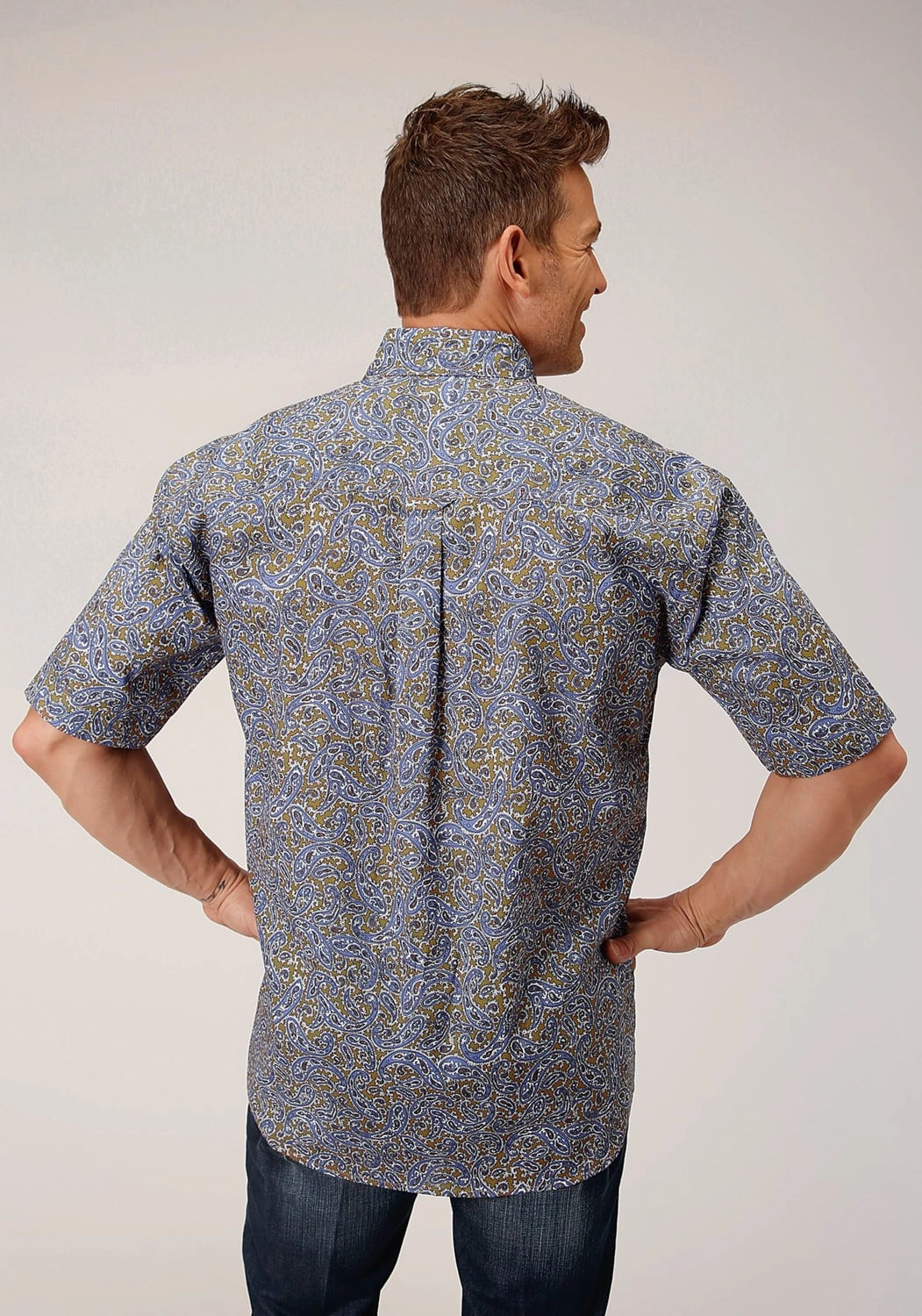 Embroidered Logo Non Iron Fabric Roper Mens Valley Paisley Brown 100% Cotton S/S Shirt