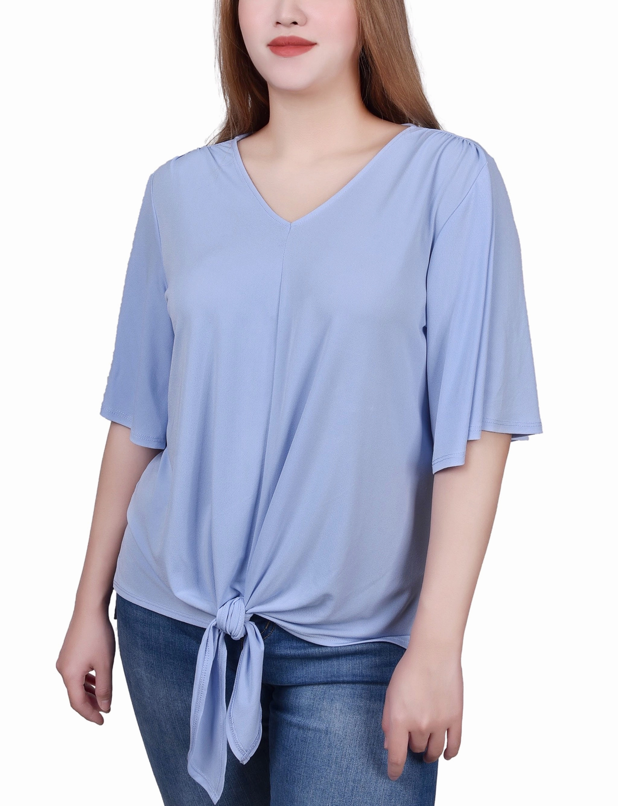 Petite Elbow Sleeve Tie-Front Top Anti Slip Shoulder Padding Biodegradable Fiber Composition