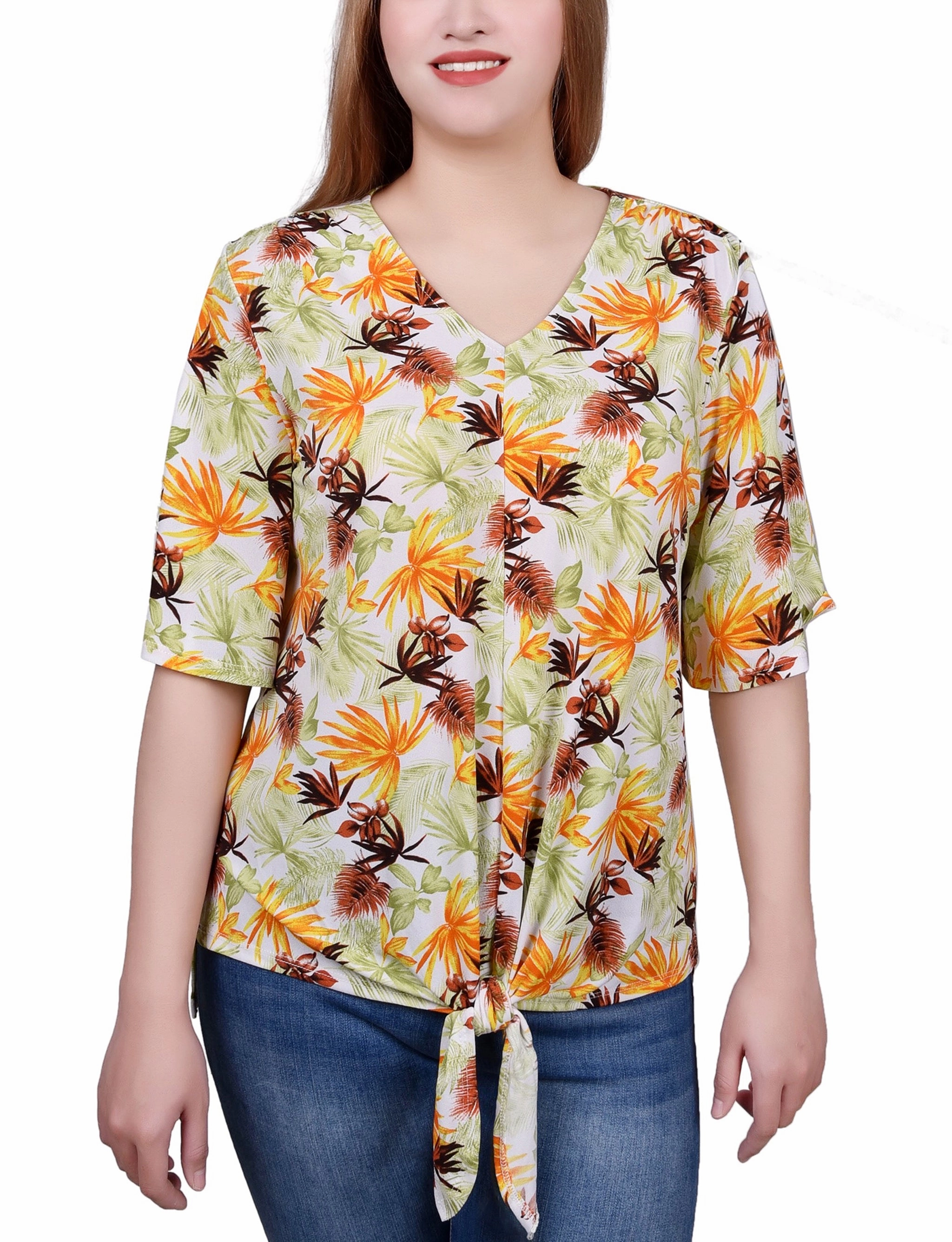 Minimalist Aesthetic Petite Elbow Sleeve Tie-Front Top