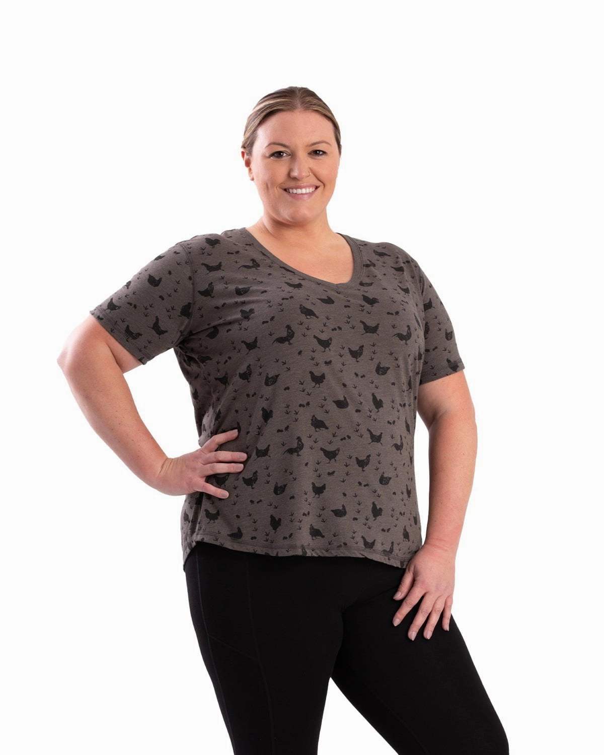 Berne Womens Performance V-Neck Chicken Print Cotton Blend S/S T-Shirt Solid Hue