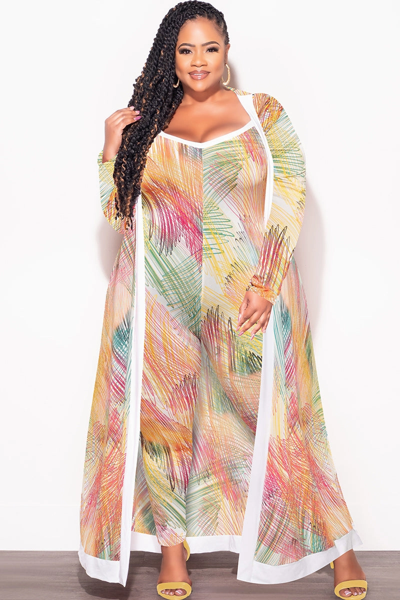 Final Sale Plus Size 2pc Duster & Spaghetti Strap Jumpsuit Set in Multi Color Print Abrasion Resistant Panels