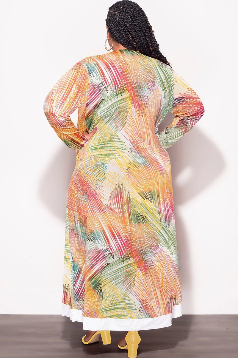 Formal Look Final Sale Plus Size 2pc Duster & Spaghetti Strap Jumpsuit Set in Multi Color Print