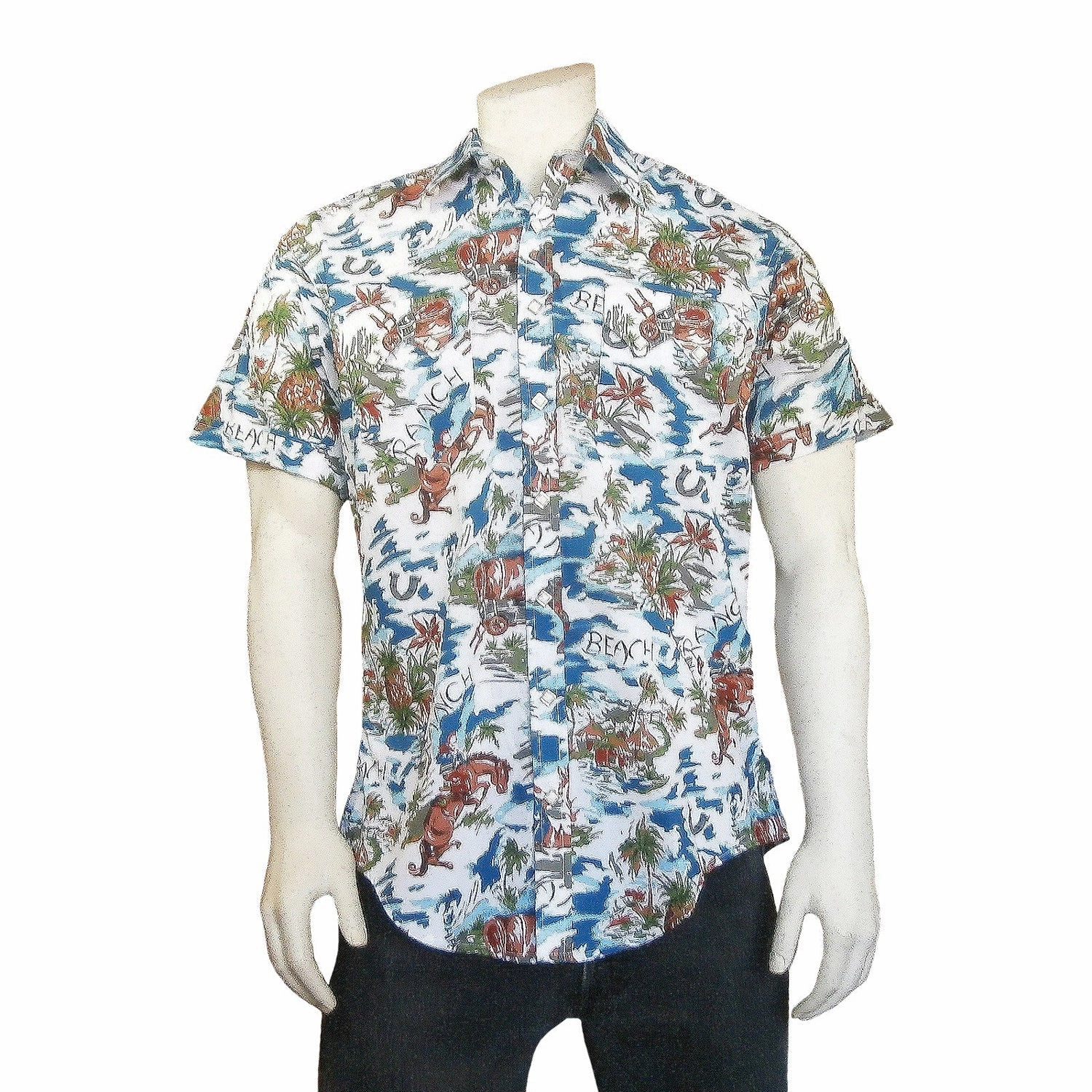 Timeless Piece Oversized style Rockmount Mens Blue 100% Rayon Hawaiian Floral Western S/S Shirt