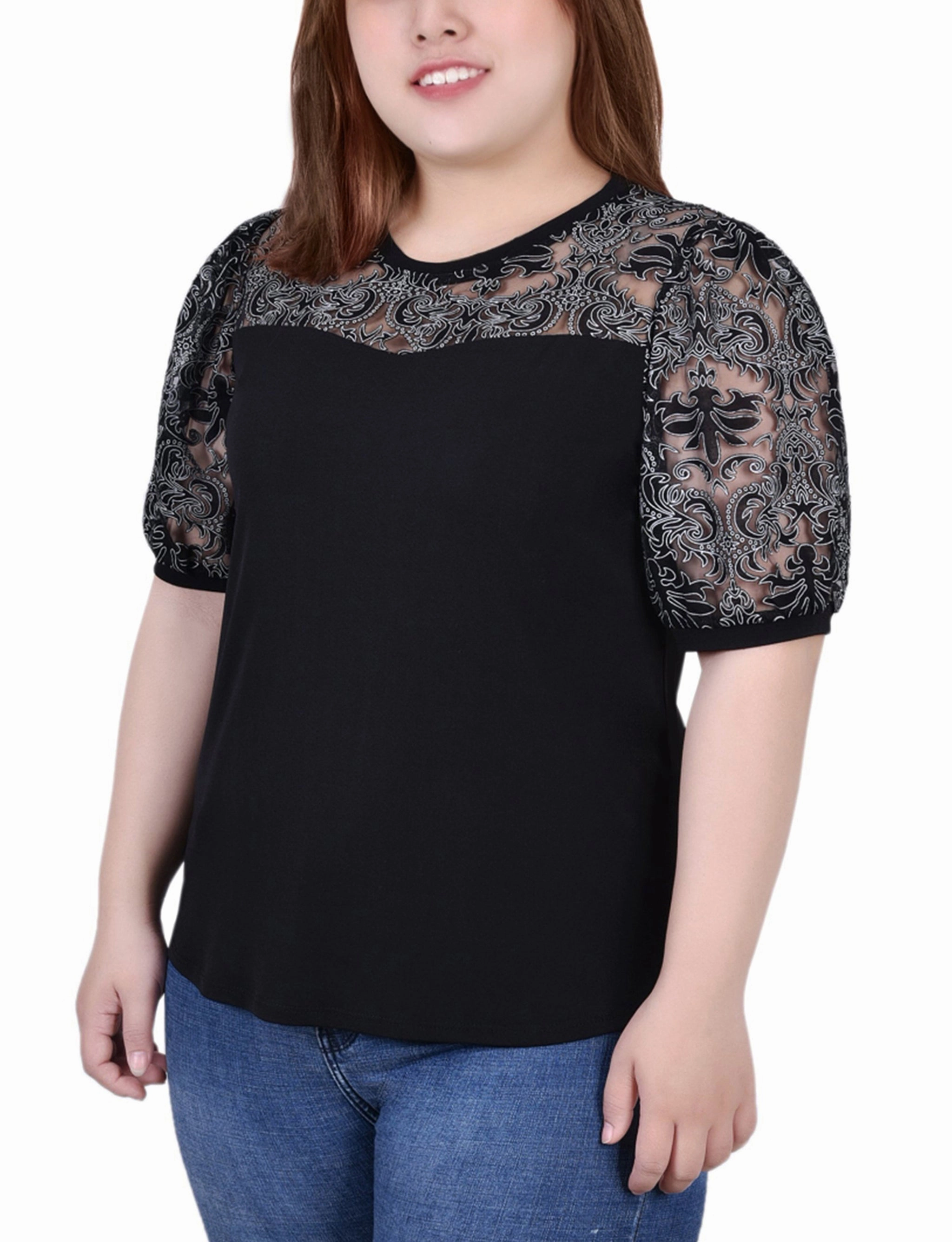 Soft Hoodie FrictionResistant Edges Plus Size Puff Lace-Sleeve Top