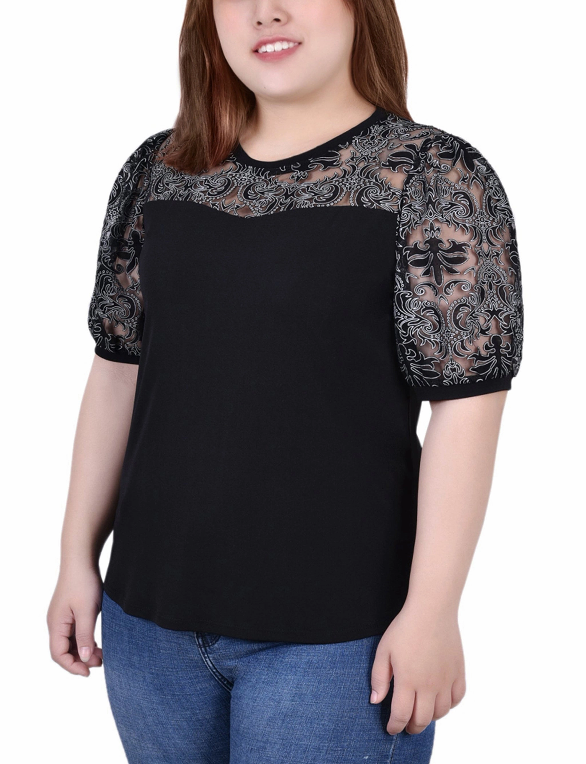 Plus Size Puff Lace-Sleeve Top SoftTouchFinish