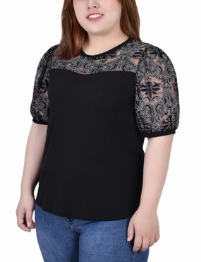 Plus Size Puff Lace-Sleeve Top SoftTouchFinish