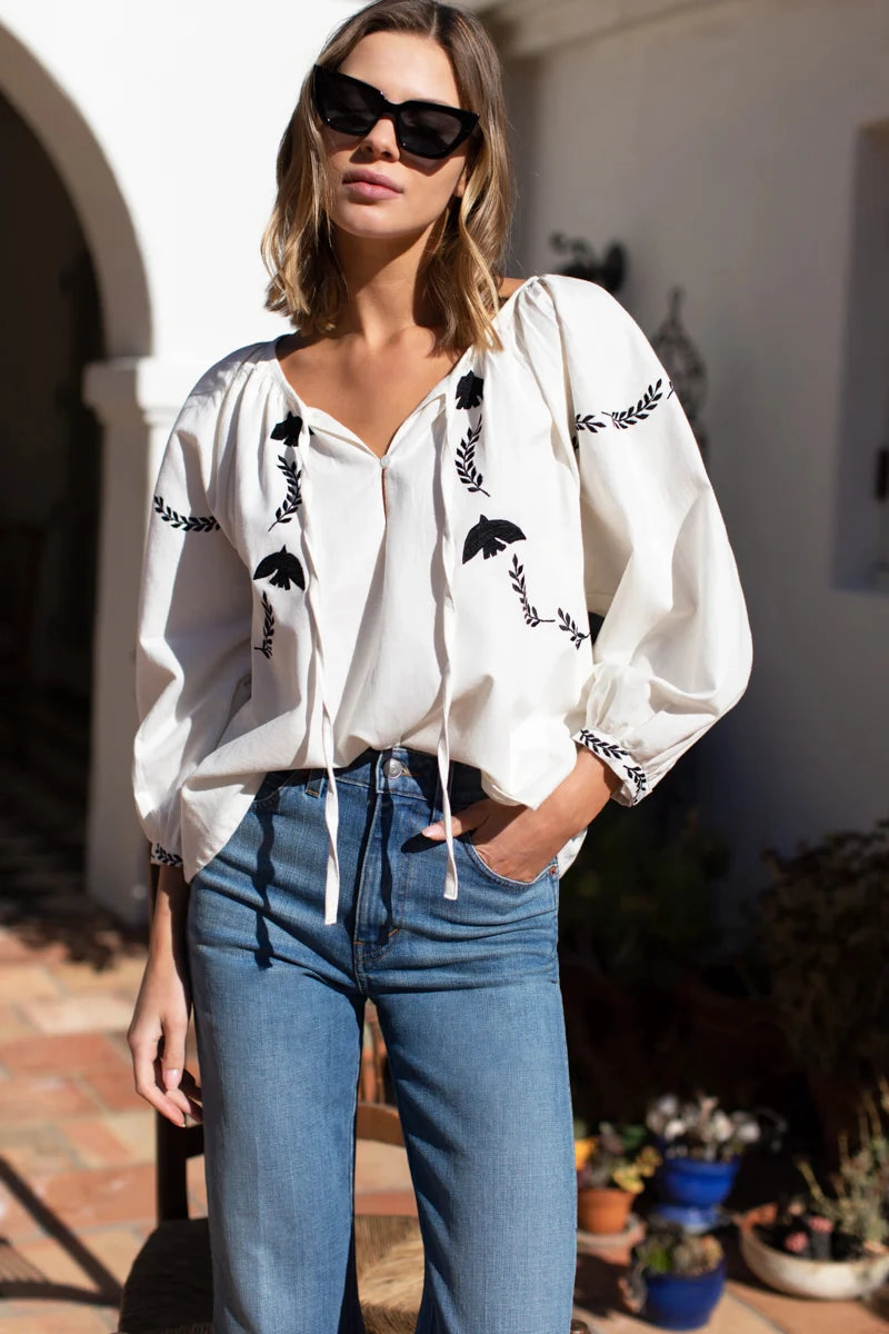 Emerson Fry Lucy Dove Embroidery Blouse RelaxedNeckline Brushed Inner Layer