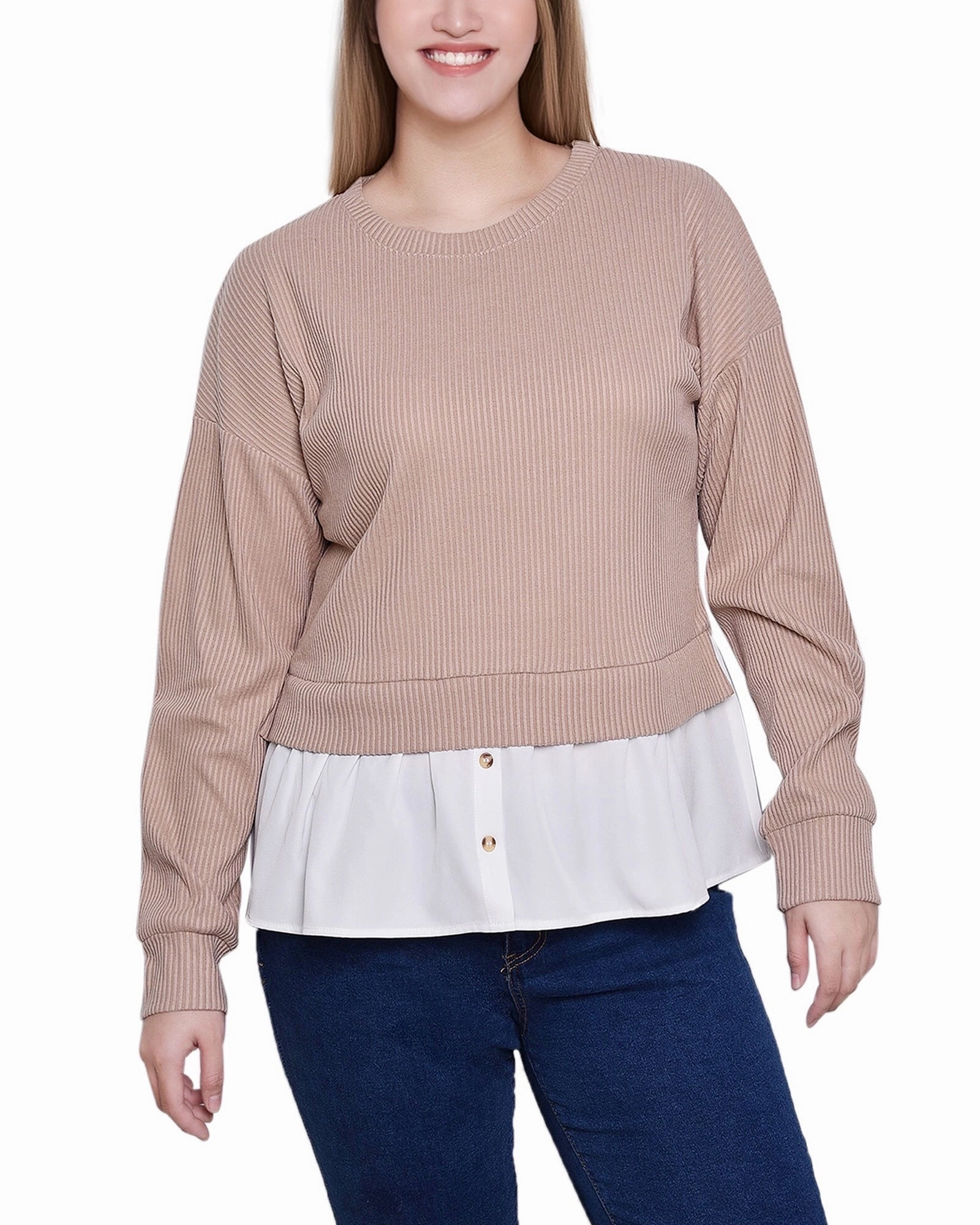 ConvertibleStyle SoftLining Long Sleeve Two-Fer Top With Gathered Inset
