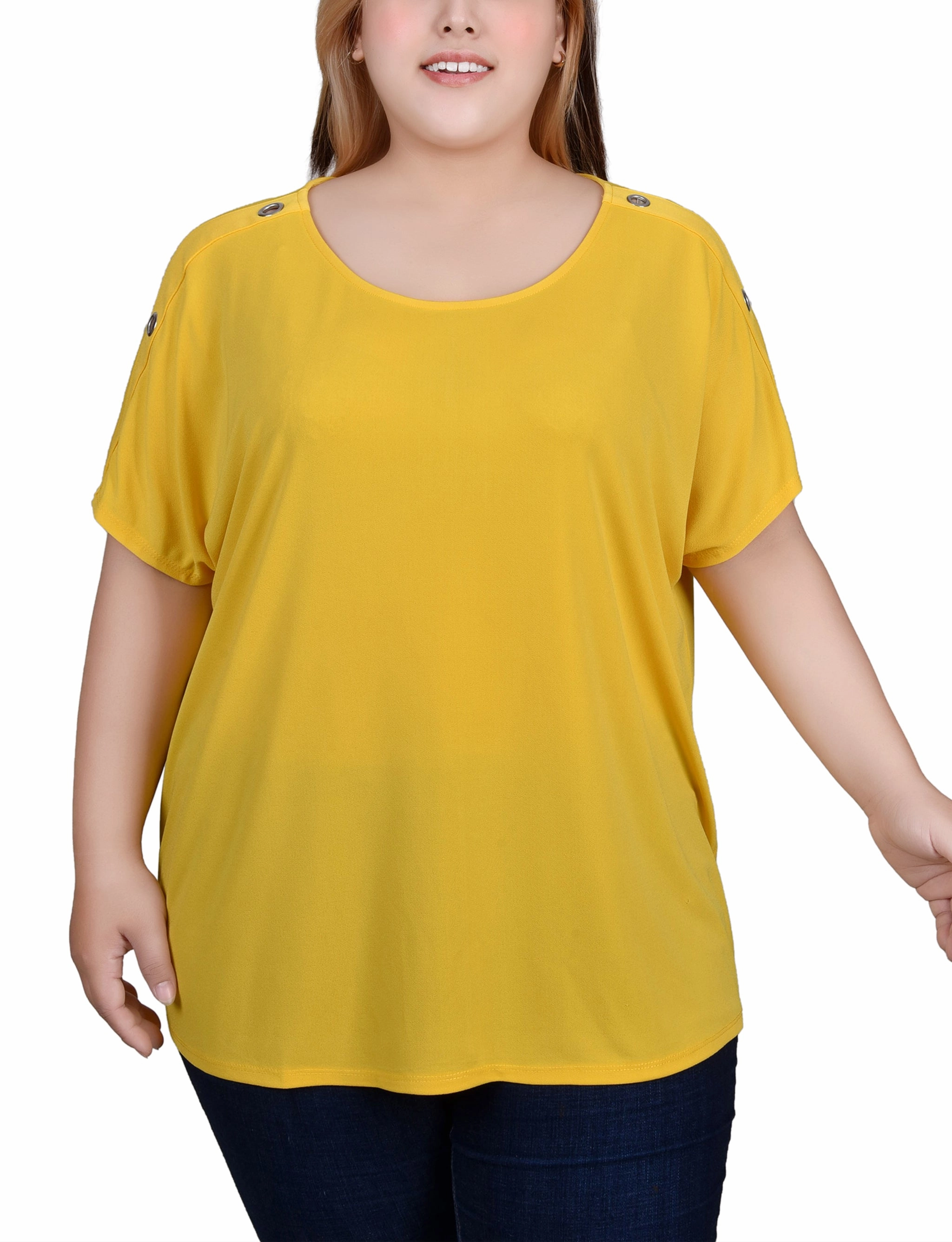 Plus Size Short Sleeve Extended Sleeve Tunic Top Petal Sleeve Architecture Placket Detailing