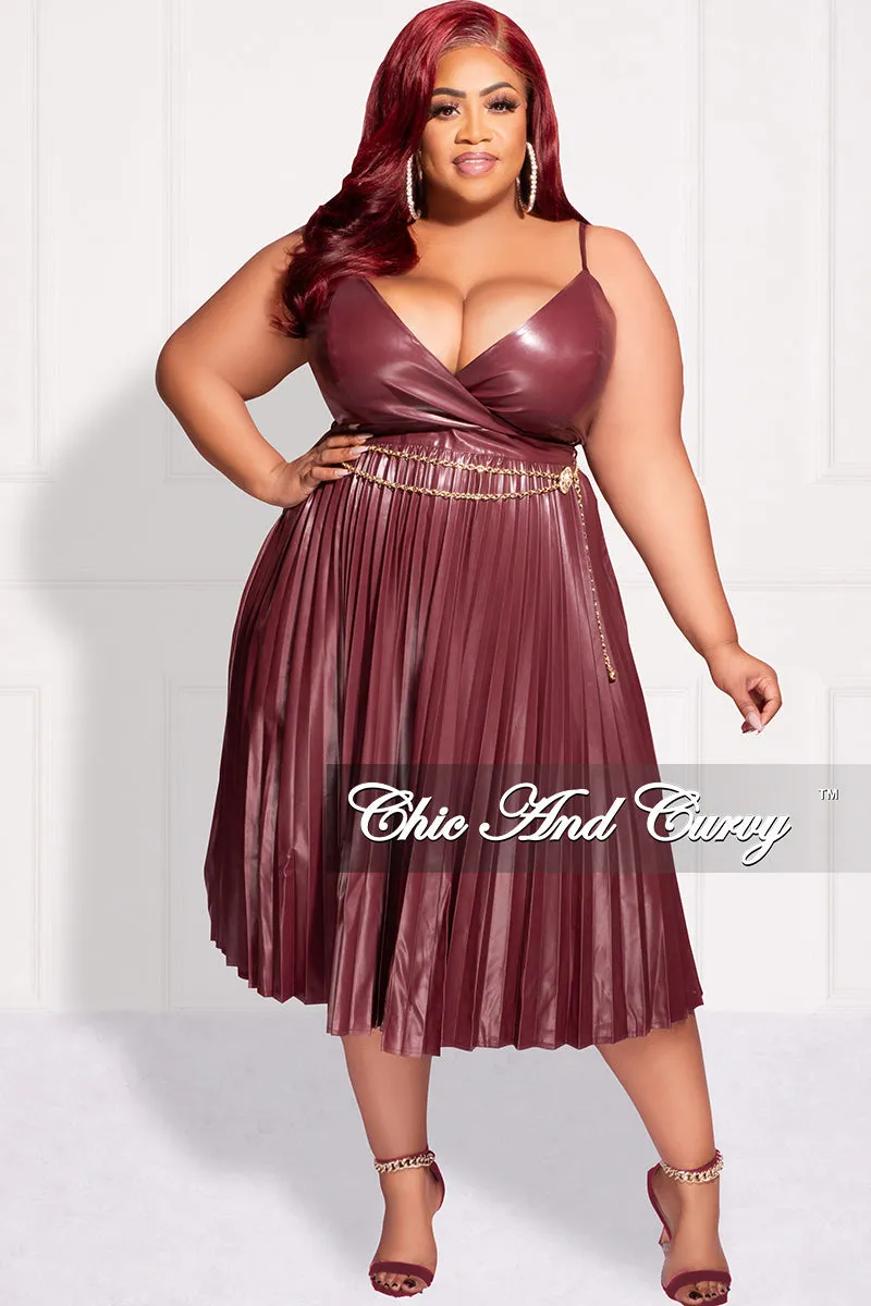AdjustableTabs Final Sale Plus Size Faux Leather Faux Wrap Spaghetti Strap Pleated Dress in Burgundy