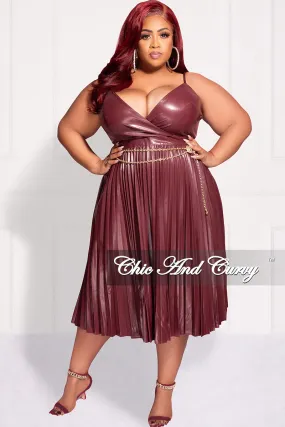 Final Sale Plus Size Faux Leather Faux Wrap Spaghetti Strap Pleated Dress in Burgundy Durable Waistband Natural Movement