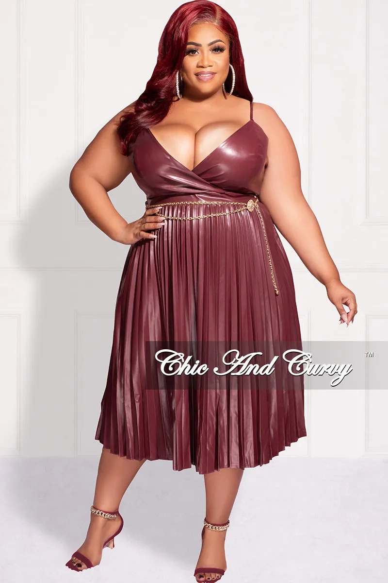 Plus-size option Tough Stretch Final Sale Plus Size Faux Leather Faux Wrap Spaghetti Strap Pleated Dress in Burgundy