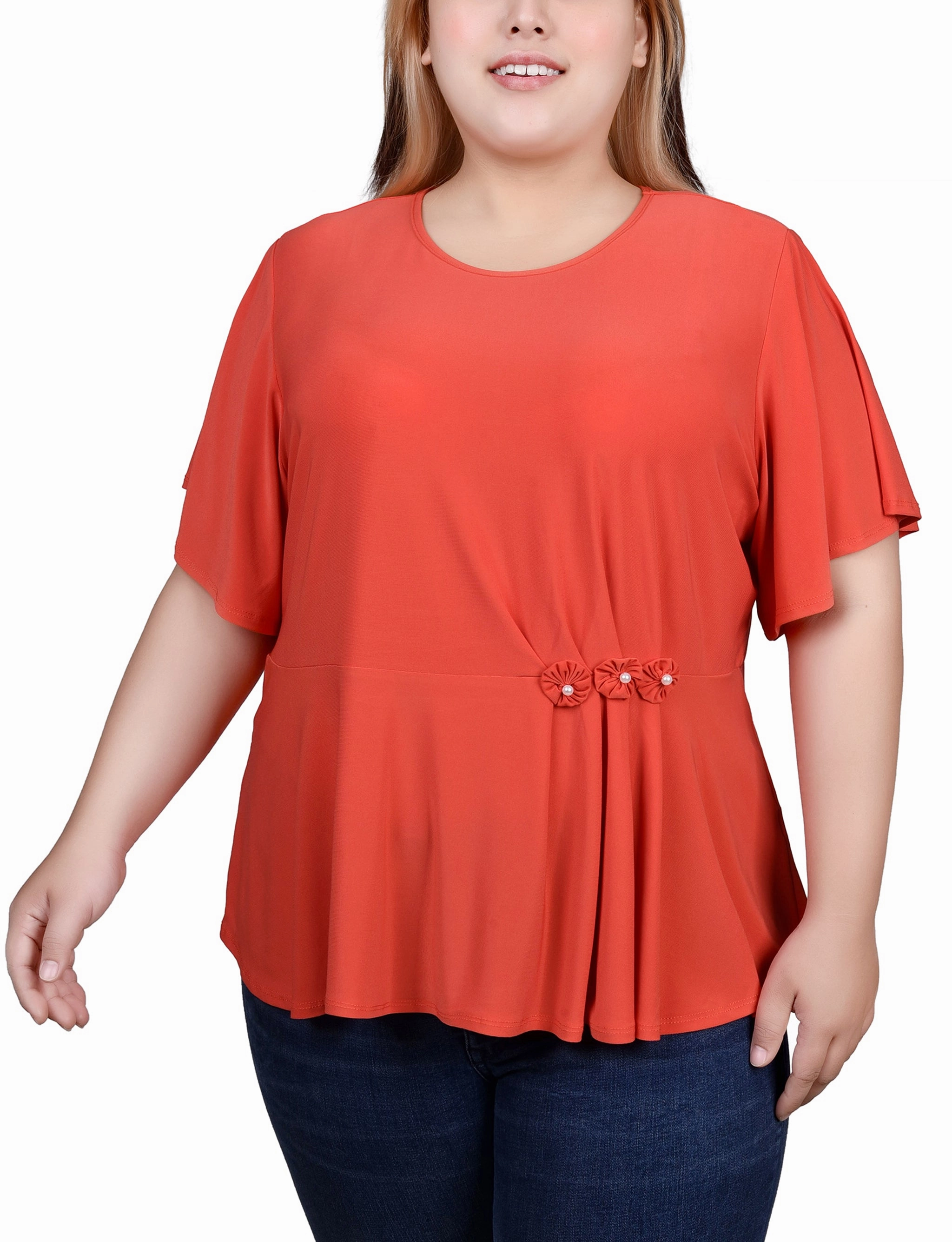 Plus Size Flutter Sleeve Flower-Detail Top AllDaySoftness EcoFriendly Dye Process