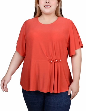 Plus Size Flutter Sleeve Flower-Detail Top Rolled Hem Finish