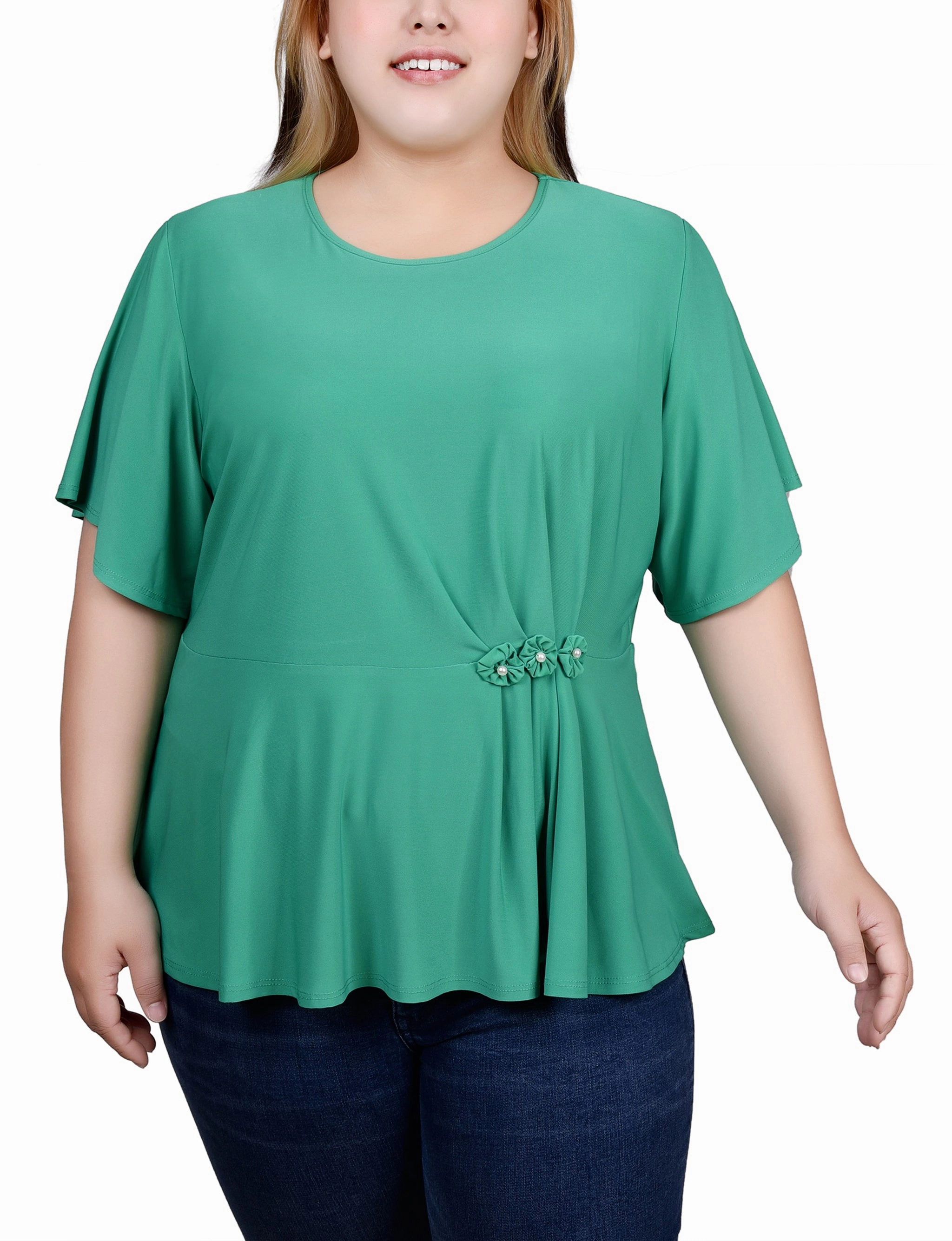 Plus Size Flutter Sleeve Flower-Detail Top Basic Long Sleeve Soft Touch Texture