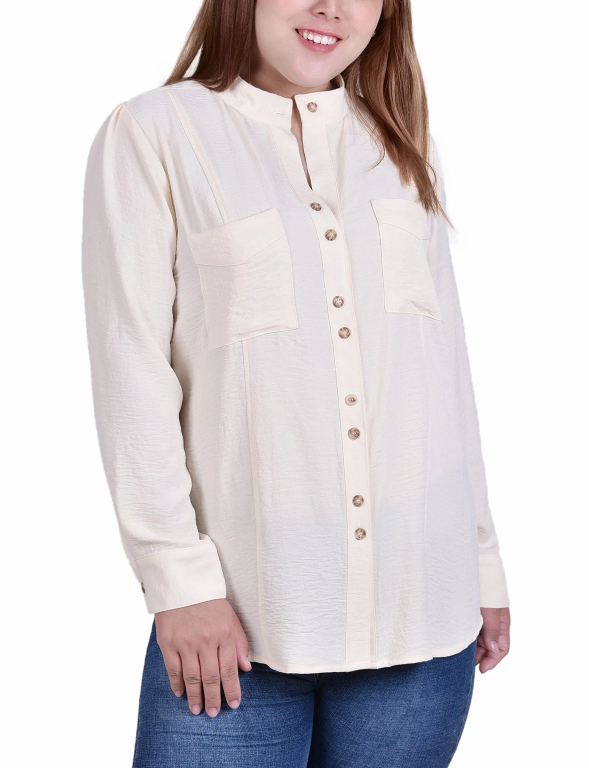 Plus Size Long Sleeve Button Mandarin Collar Blouse High Collar Protection Design Thermal Regulation System