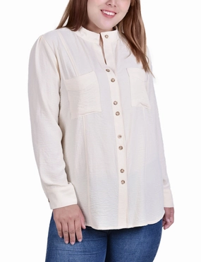 Plus Size Long Sleeve Button Mandarin Collar Blouse High Collar Protection Design Thermal Regulation System