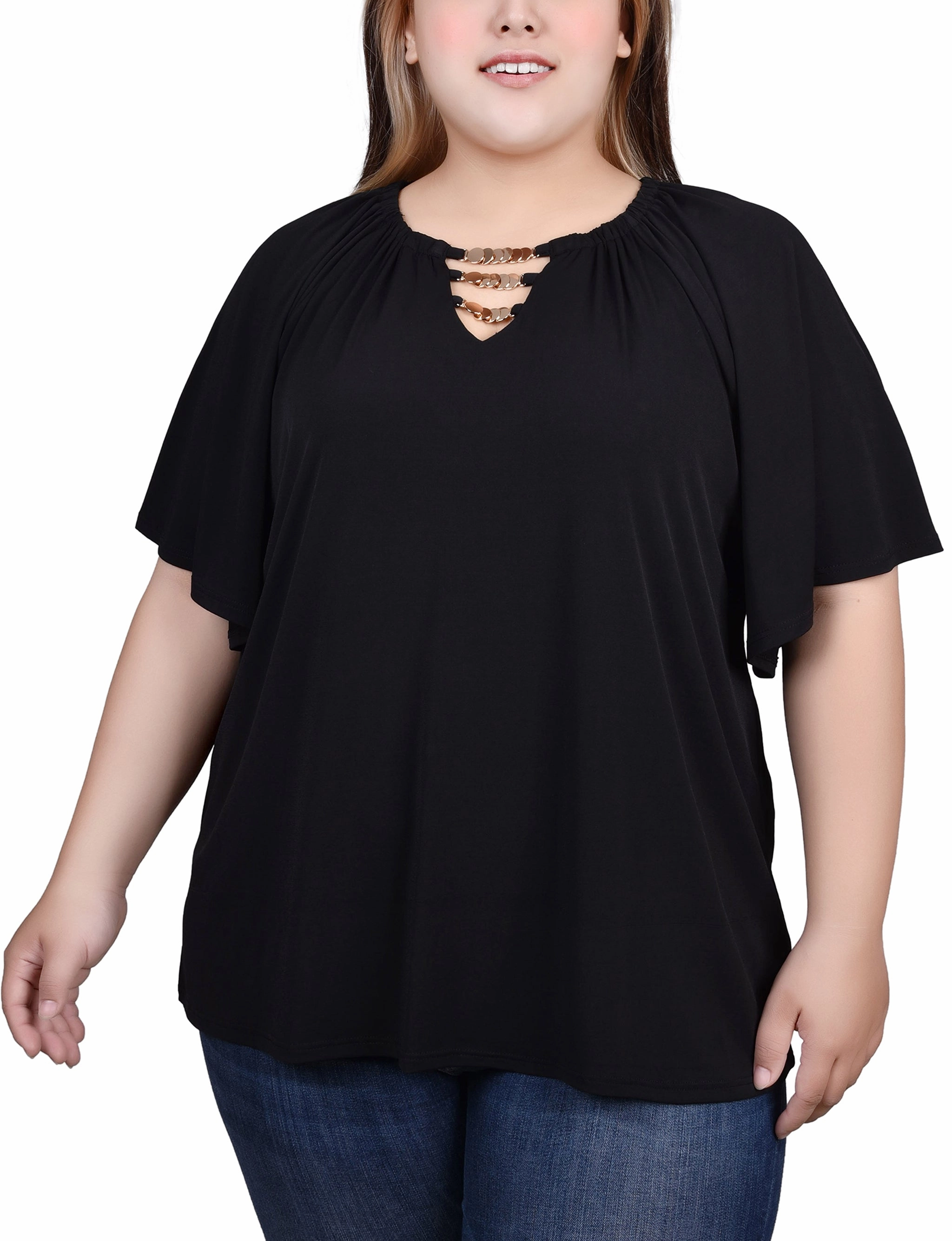 Plus Size Raglan Sleeve Top With Chain Details Abrasion Resistant Fabric Stylish Look