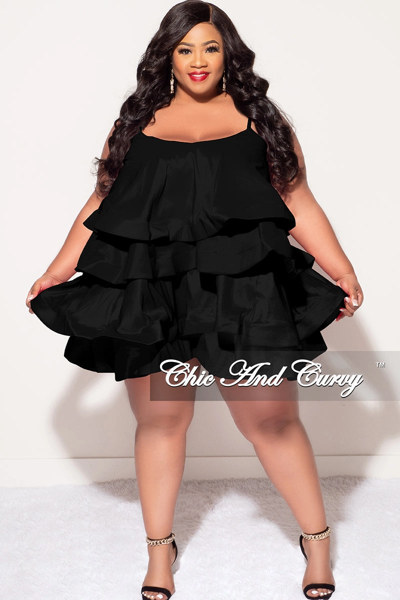Stain Resistant Final Sale Plus Size Spaghetti Strap Tiered Ruffle Mini Dress in Black