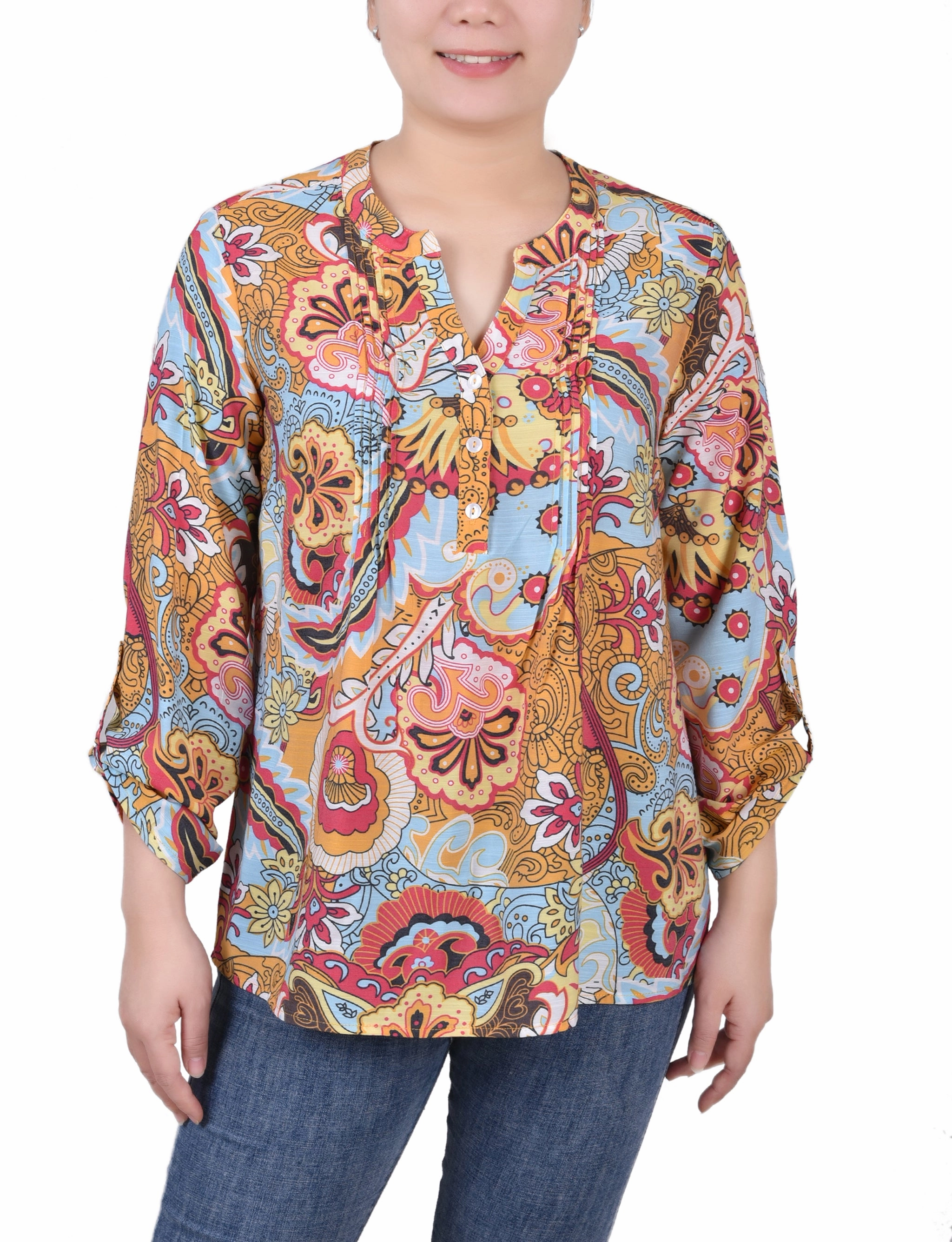 Fleece Pullover Long Roll Tab Sleeve Pintuck Front Blouse