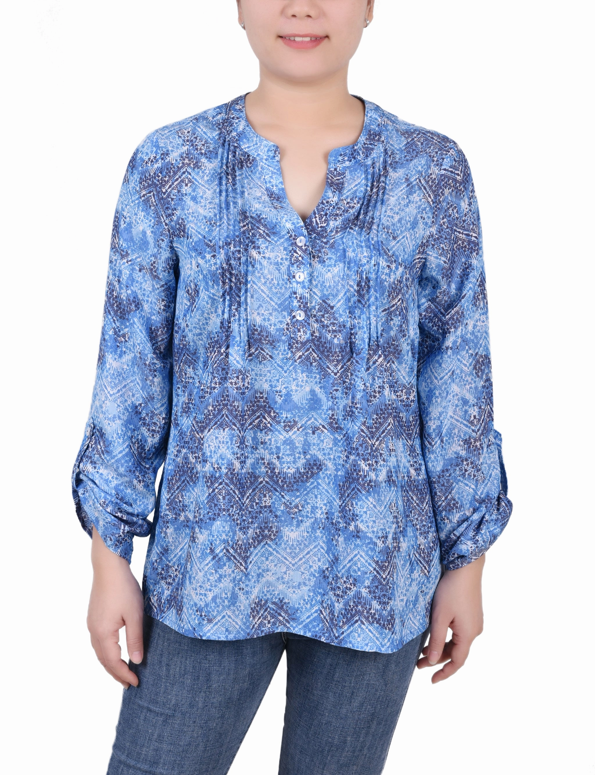 Long Roll Tab Sleeve Pintuck Front Blouse High Collar Protection Design