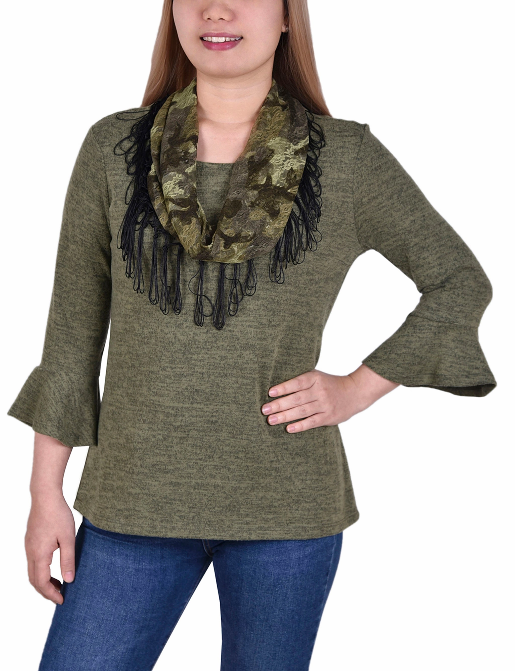 Stretch Material 3/4 Sleeve Top With Detachable Fringed Scarf