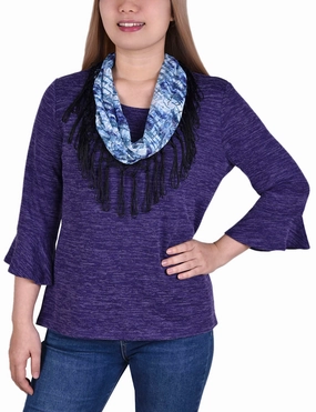 3/4 Sleeve Top With Detachable Fringed Scarf Flexible Knit Fabric